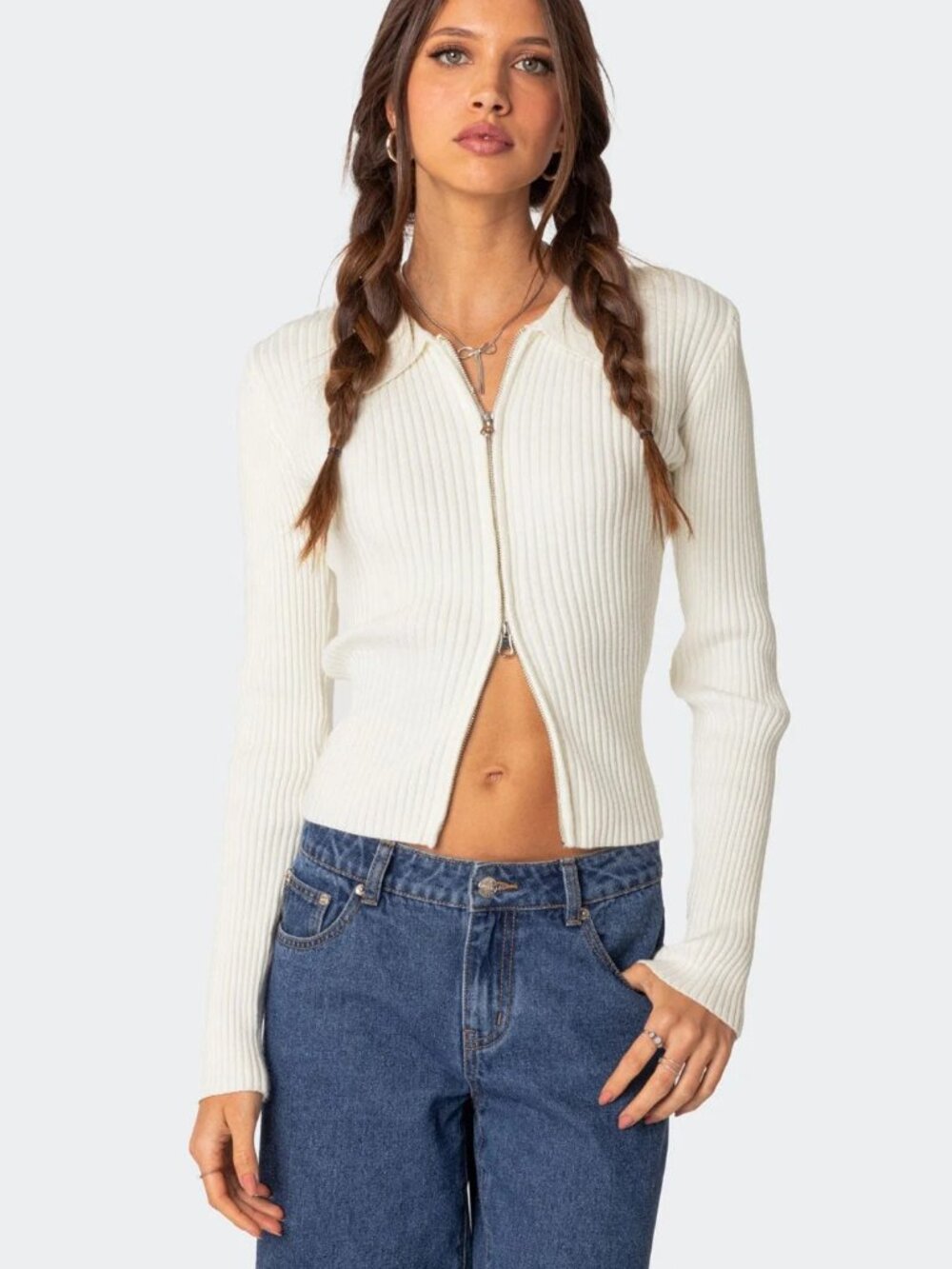 edikted Women's Cream Cora Knitted Zip Up Cardigan - Size S